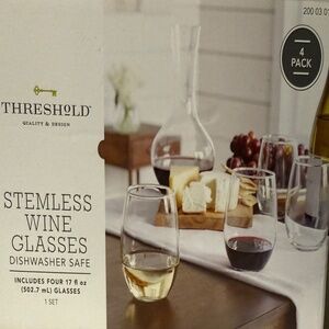 Brand New in Box Threshold Design Set of 4 Glass Stemless Wine Glasses GORGEOUS